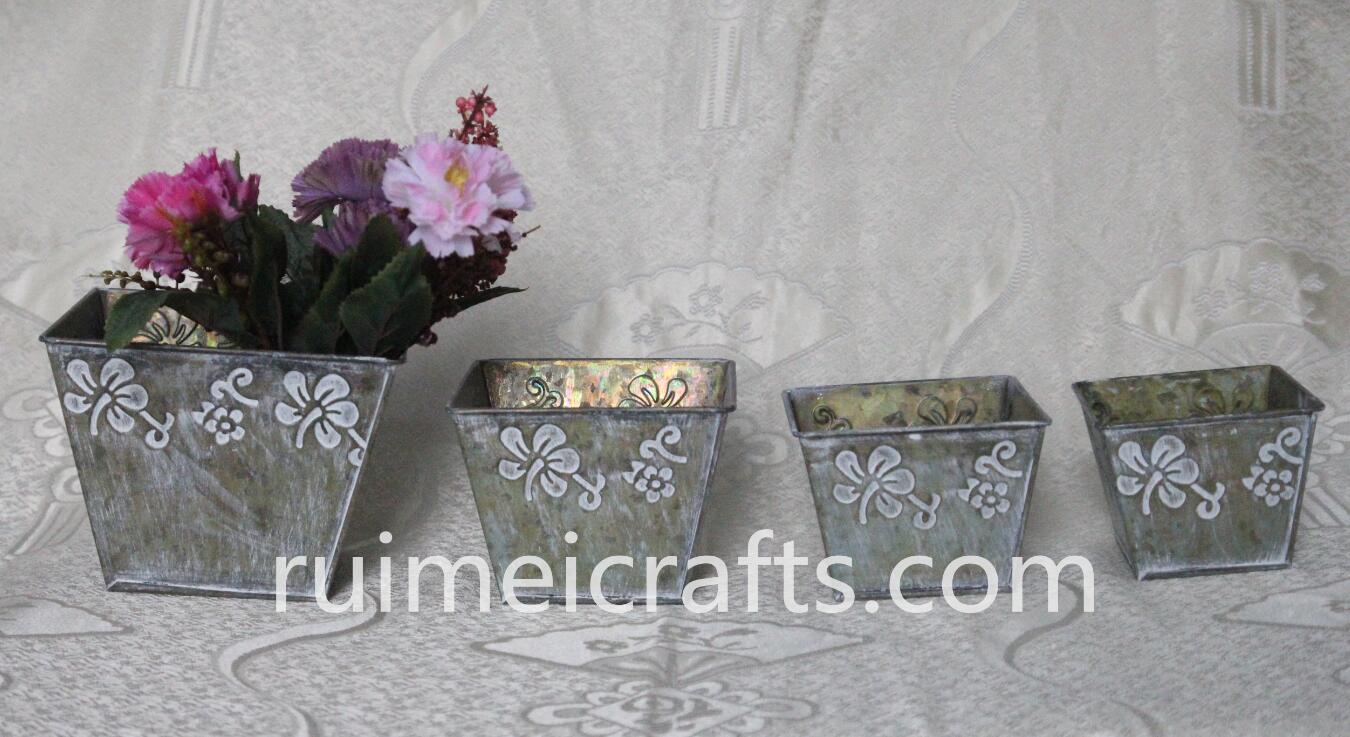 set of 4 square convex metal garden pots.JPG